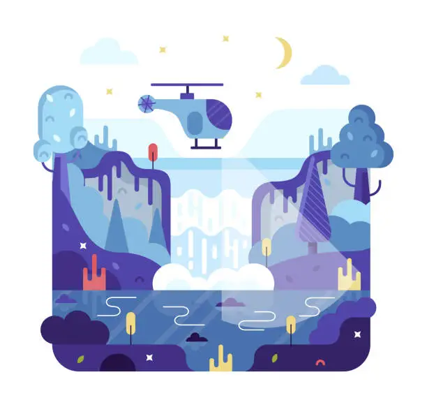 Vector illustration of Helicopter flies at night and search for a criminal or a lost tourist. Vector cartoon square illustration in flat cartoon stile isolated on white background