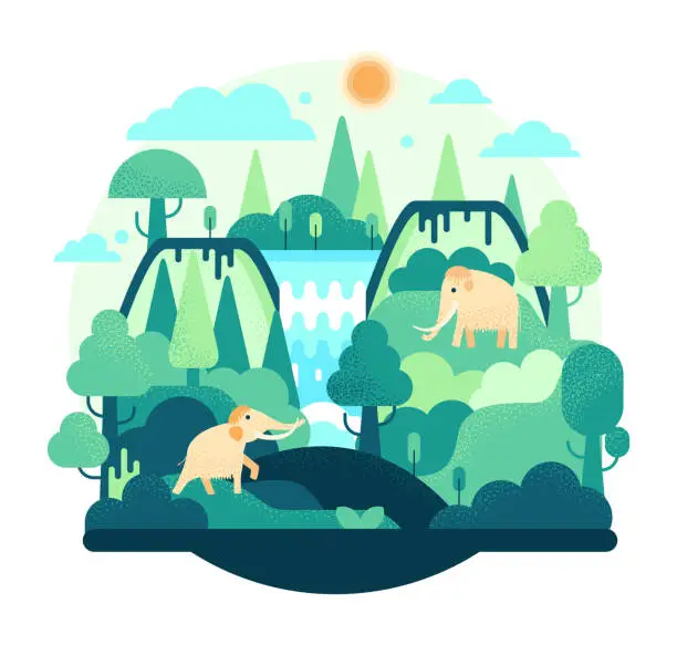 Vector illustration of Two Woolly Mammoth stay in waterfall in flat cartoon stile - vector illustration
