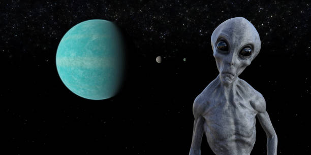 istock Illustration of a gray alien looking forward with large black eyes in space. 1323413113