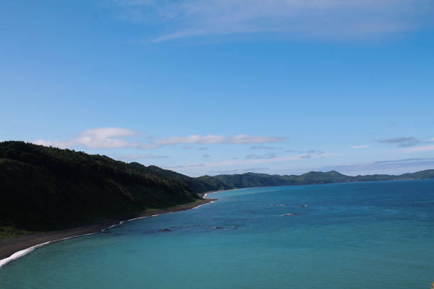 istock Cape Evstafiya, Sakhalin. Blue sea, sand, summer, mountains, hills, rocks 1323417502
