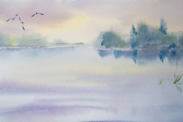 istock Watercolor gentle morning landscape with a lake and seagulls 1323417563