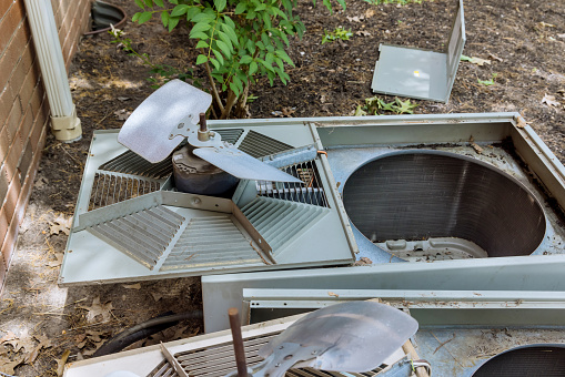 Open air conditioner outdoors need service, repair and clean equipment.