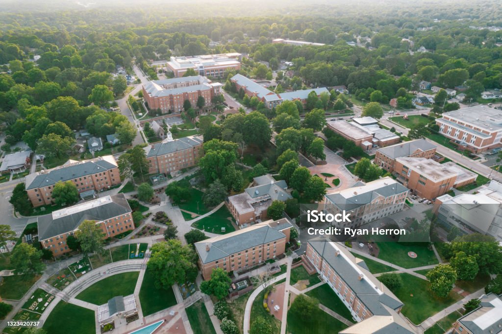 Aerial over North Carolina Central University in the Spring Campus Stock Photo
