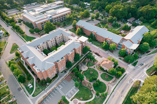 Aerial over North Carolina Central University in the Spring