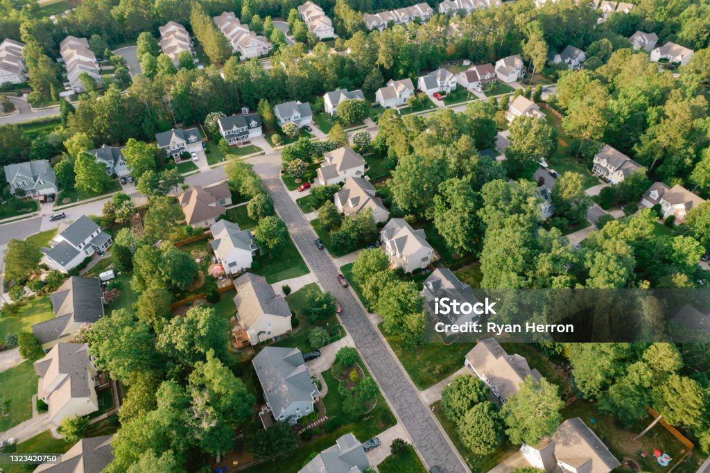 Aerial view of residential households in an American suburb Residential District Stock Photo