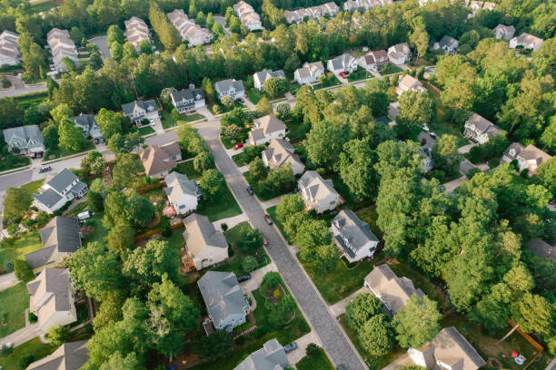 Aerial view of residential households in an American suburb stock photo