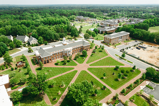 Aerial over college campus in the spring