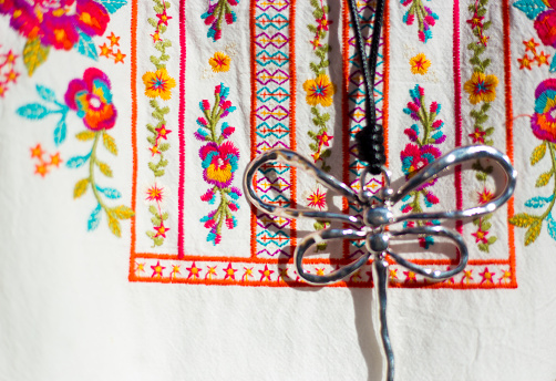 Embroidered Mexican Blouse and Dragonfly Necklade