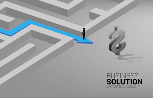 istock Silhouette of Businesswoman on route path to exit the maze to dollar icon. 1323427320