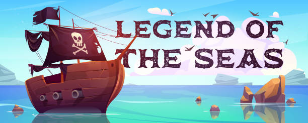 Legend of the seas cartoon banner with pirate ship Legend of the seas cartoon banner. Pirate ship with black sails, cannons and jolly roger flag floating on ocean water surface. Game or book cover with filibusters battleship, Vector illustration sailing background stock illustrations