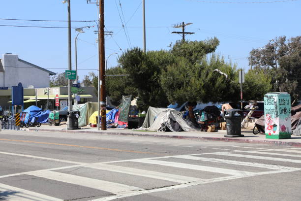 acampamento de sem-teto ao longo de venice boulevard - venice califórnia - fotografias e filmes do acervo