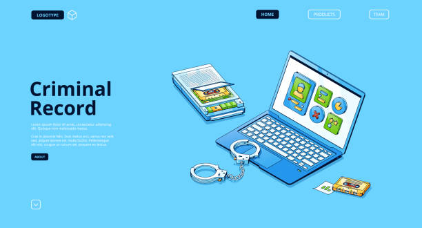 Criminal record isometric landing page, detective Criminal record isometric landing page, detective investigation digital concept, police file on laptop screen, handcuffs, dictaphone and tape, secret information, crime, 3d vector line art web banner police interview stock illustrations