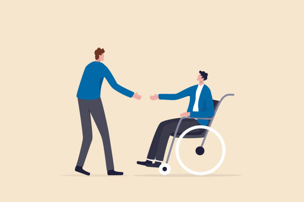 illustrazioni stock, clip art, cartoni animati e icone di tendenza di diversità e inclusività sul posto di lavoro, opportunità di lavoro e di carriera per il concetto di persone disabili, responsabile delle risorse umane che offre lavoro per il nuovo candidato disabile sulla sedia a rotelle per essere dipendente permanent - mid adult men illustrations