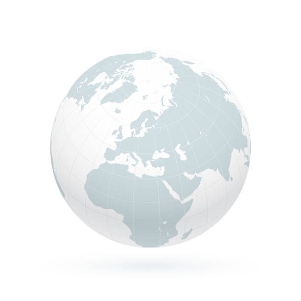 Earth globe focusing on north hemisphere and prime meridian. Africa, Asia, Europe, North Pole, Canada, Greenland. Earth realistic shadowed sphere with meridians and parallels. 3D vector illustration. Carefully layered and grouped for easy editing. You can edit or remove separately the grid, the sea, the lands, the light and shadows. 3d uk map stock illustrations