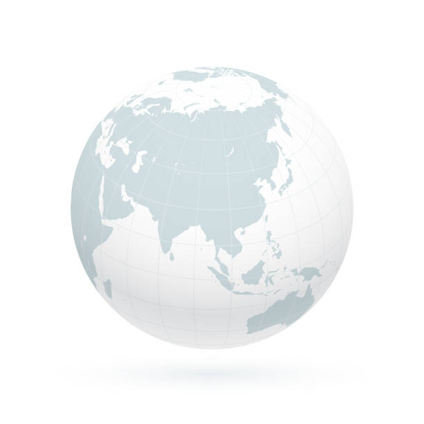 Earth globe focusing on Asia. Earth realistic shadowed sphere with meridians and parallels. 3D vector illustration. Carefully layered and grouped for easy editing. You can edit or remove separately the grid, the sea, the lands, the light and shadows. global communications white stock illustrations