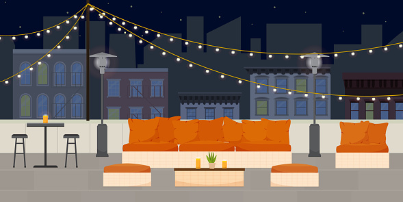 Flat vector illustration of rooftop terrace bar lounge at night with cozy warm couches and chairs on the background of city scape with walk-up buildings and skyscrapers