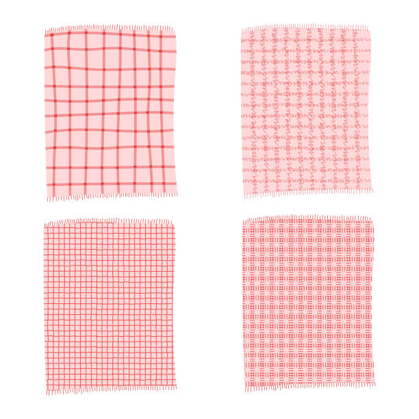 illustrations, cliparts, dessins animés et icônes de ensemble d’illustrations vectorielles dessinées à la main de couvertures de pique-nique à damier rouges ou roses. style griffonnage de dessin animé isolé sur fond blanc. - plaid tartan backgrounds pattern