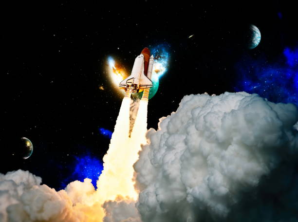 istock Rocket launch. Rocket with smoke flies into space. Space Shuttle .Spaceship begins the mission. Elements of this image furnished by NASA 1323437336