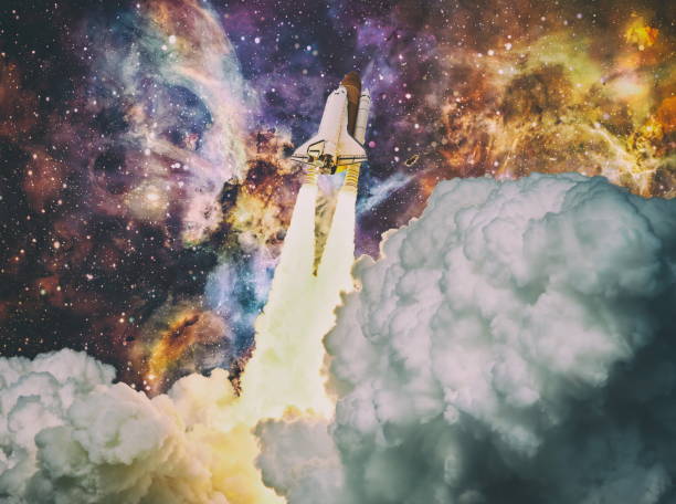 istock Rocket launch. Rocket with smoke flies into space. Space Shuttle .Spaceship begins the mission. Elements of this image furnished by NASA 1323437342