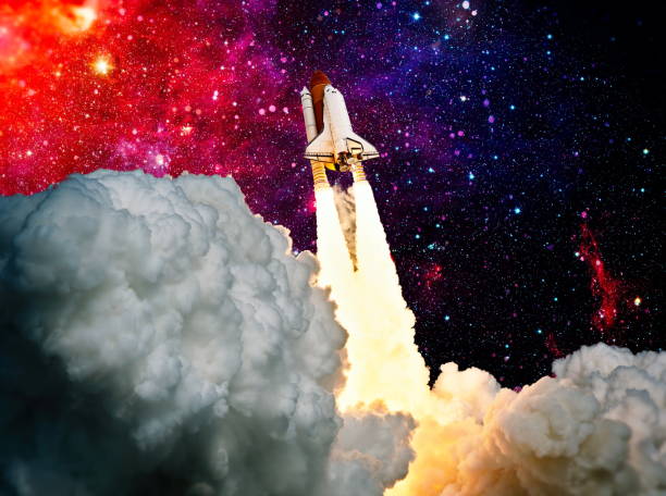 istock Rocket launch. Rocket with smoke flies into space. Space Shuttle .Spaceship begins the mission. Elements of this image furnished by NASA 1323437863