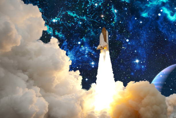 istock Rocket launch. Rocket with smoke flies into space. Space Shuttle .Spaceship begins the mission. Elements of this image furnished by NASA 1323437870