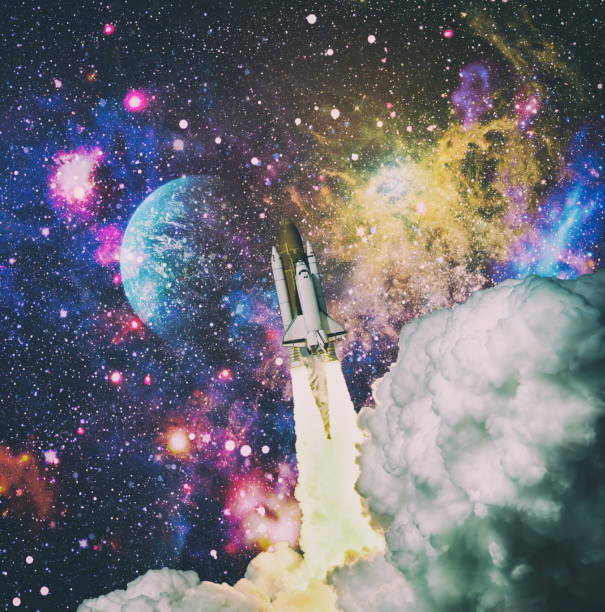 istock Rocket launch. Rocket with smoke flies into space. Space Shuttle .Spaceship begins the mission. Elements of this image furnished by NASA 1323437877