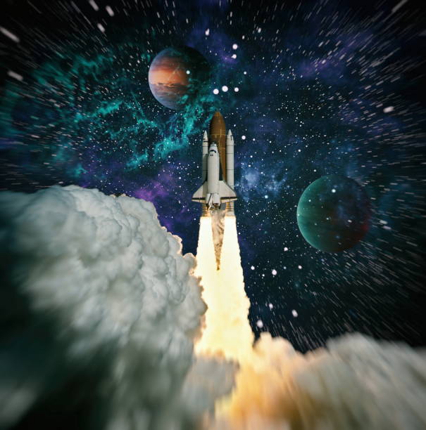 istock Rocket launch. Rocket with smoke flies into space. Space Shuttle .Spaceship begins the mission. Elements of this image furnished by NASA 1323437894