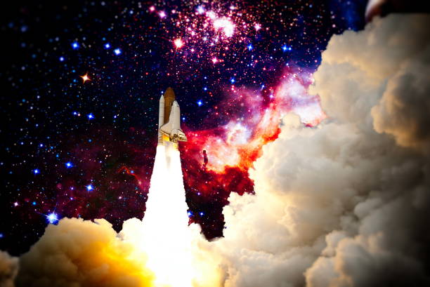 istock Rocket launch. Rocket with smoke flies into space. Space Shuttle .Spaceship begins the mission. Elements of this image furnished by NASA 1323437919