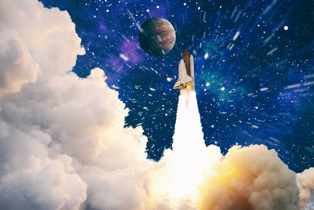 istock Rocket launch. Rocket with smoke flies into space. Space Shuttle .Spaceship begins the mission. Elements of this image furnished by NASA 1323437932