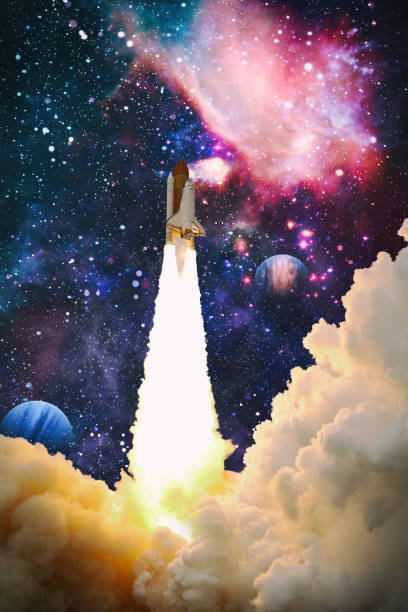 istock Rocket launch. Rocket with smoke flies into space. Space Shuttle .Spaceship begins the mission. Elements of this image furnished by NASA 1323437944