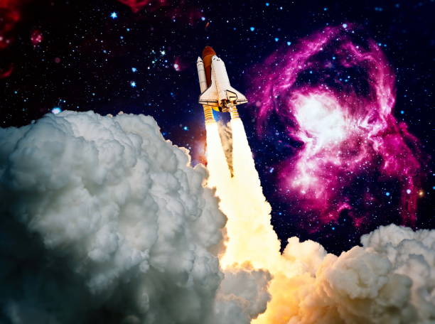 istock Rocket launch. Rocket with smoke flies into space. Space Shuttle .Spaceship begins the mission. Elements of this image furnished by NASA 1323437946