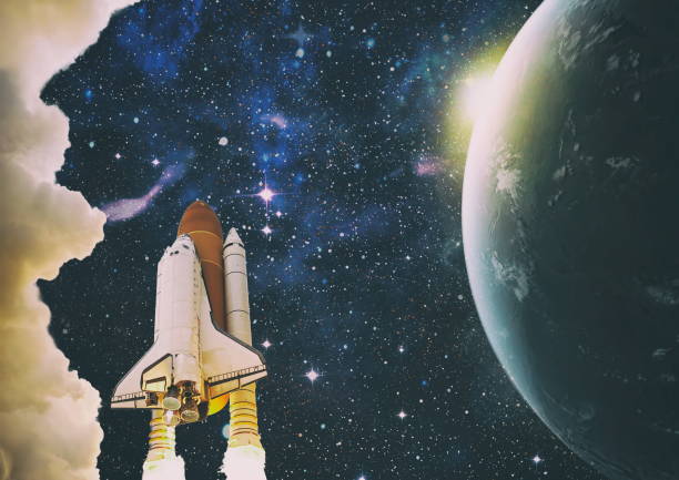 Rockets launch into space on the starry sky. Rocket starts into space concept. Elements of this image furnished by NASA , images-assets.nasa.gov/image/07pd2972/07pd2972~orig.jpg
