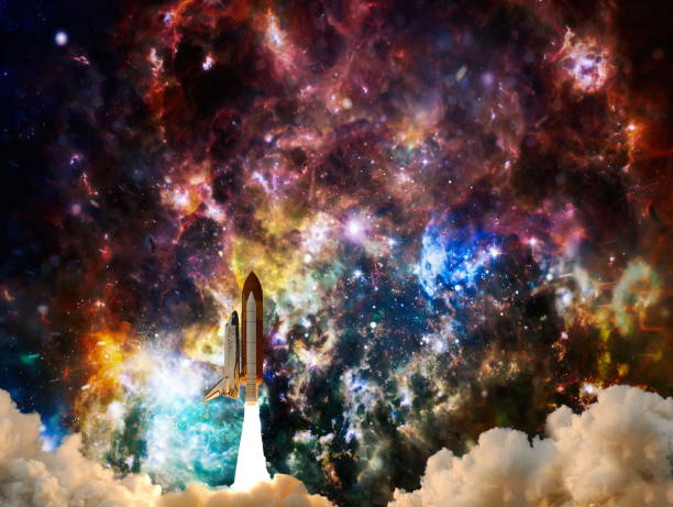 istock Rockets launch into space on the starry sky. Rocket starts into space concept.Elements of this image furnished by NASA 1323438119
