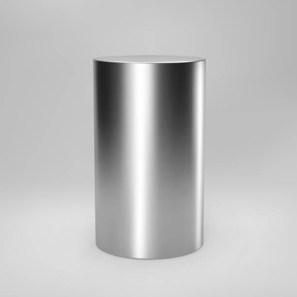 Silver 3d cylinder front view with perspective isolated on grey background. Cylinder pillar, chrome steel pipe, museum stage, pedestal or product podium. 3d geometric shape vector Silver 3d cylinder front view with perspective isolated on grey background. Cylinder pillar, chrome steel pipe, museum stage, pedestal or product podium. 3d geometric shape vector. natural column stock illustrations