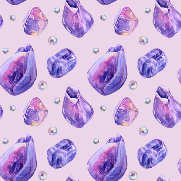 istock Seamless pattern watercolor mineral purple quartz, amethyst, bead pearl on pink background. Hand-drawn gemstone for meditation, office supplies, sketchbook, card, celebration, wallpaper, wrapping 1323440243