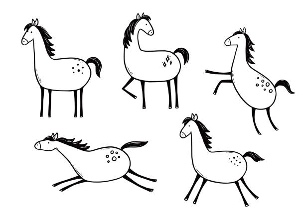 stockillustraties, clipart, cartoons en iconen met doodle paardenset. hand getrokken schets - gekke paarden