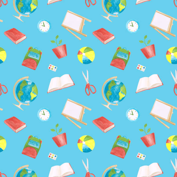 istock Watercolor school seamless pattern on a blue background. A backpack, a book, a plant in a pot, a ball, a clock, a pencil, a board, scissors, a globe, and an open book on an endless print. 1323443591