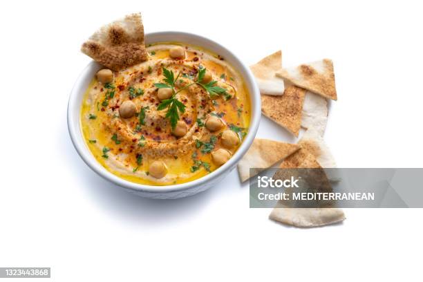 Chickpea Hummus Bowl Closeup With Pita Flatbread Dipping Isolated On White Stock Photo - Download Image Now