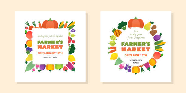 농부의 시장 템플릿 세트 - farm pumpkin autumn farmer stock illustrations