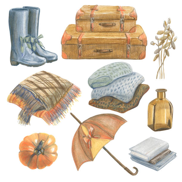 Collection of different autumn items and floral objects. Made in the technique of colored pencils. Hand drawn. Set of different autumn items and floral objects. Mood of autumn season. Colored pencil technique. Hand drawn. For banner, invitation, greeting card, label, poster knitted pumpkin stock illustrations