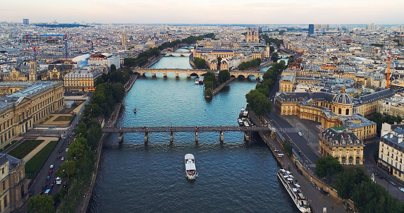 Paris skyline aerial with Seine river