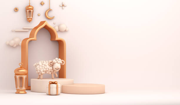 istock Eid al adha islamic decoration display podium background with goat sheep lantern crescent arabic window ramadan kareem, mawlid, eid al fitr, muharram, copy space text area, 3D illustration. 1323446828