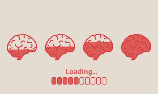 Vector illustration of Loading Brain Icon. Progress Loading Bar of Wisdom. Brain Boost Symbol. Knowledge is Power. Concept of Creative Idea, Creativity, Mind, Thinking. Editable stroke. Vector illustration