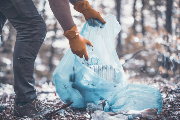 istock Volunteer collecting garbage in the woods. 1323449743