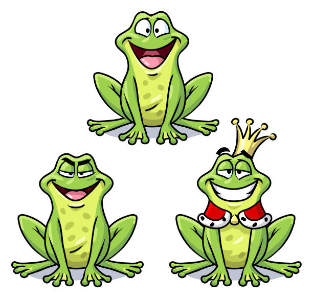 Frogs Set of three cute cartoon frogs isolated on white. A happy one, a mean looking one and a frog prince. Vector illustration. toad illustrations stock illustrations