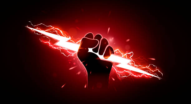 ilustrações de stock, clip art, desenhos animados e ícones de vector illustration hand holding red lightning - hands only flash