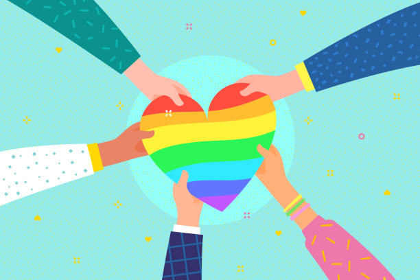 Charity concept. Several people hold the heart International day against homophobia. Hand with lgbt holding colorful rainbow heart. Several people hold rainbow heart symbol on their hands. Flat design, vector illustration. hands forming heart shape stock illustrations