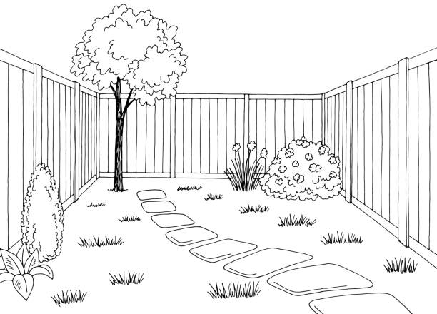 задний двор сад графический черный белый эскиз иллюстрации вектор - fence line stock illustrations