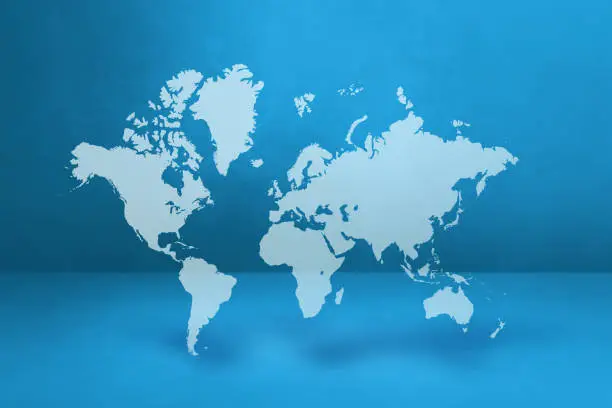World map isolated on blue wall background. 3D illustration