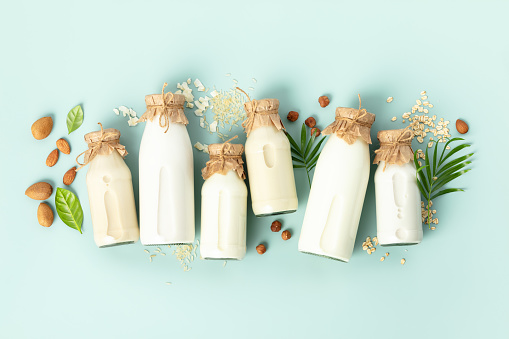 Vegan non dairy plant based milk in bottles and ingredients on turquoise background almond, hazelnut, rice, oat, soy . Alternative lactose free milk substitute. Top view